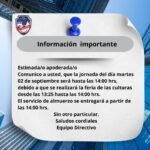 INFORMACIÓN PARA JORNADA DE MARTES 2 DE SEPTIEMBRE